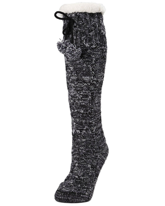 Silpi Lattice Pom-Pom Accent Knee High Sock : Color: Black