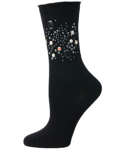 Treasure Bejeweled Cotton Blend Crew Sock : Color: Black