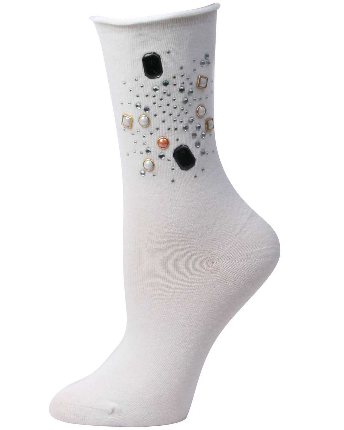Treasure Bejeweled Cotton Blend Crew Sock : Color: Winter White