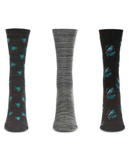 Women's 3 Pair Pack Birds Rayon From Bamboo Crew Socks : Color: Black