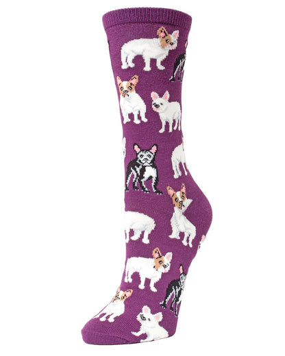 Women's French Bulldog Rayon From Bamboo Blend Crew Socks : Color: Blackberry Wine