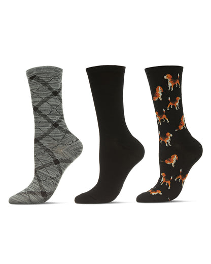 Women's 3 Pair Pack Beagle Bamboo Blend Crew Socks : Color: Black