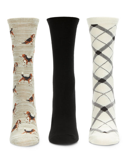 Women's 3 Pair Pack Beagle Bamboo Blend Crew Socks : Color: Black