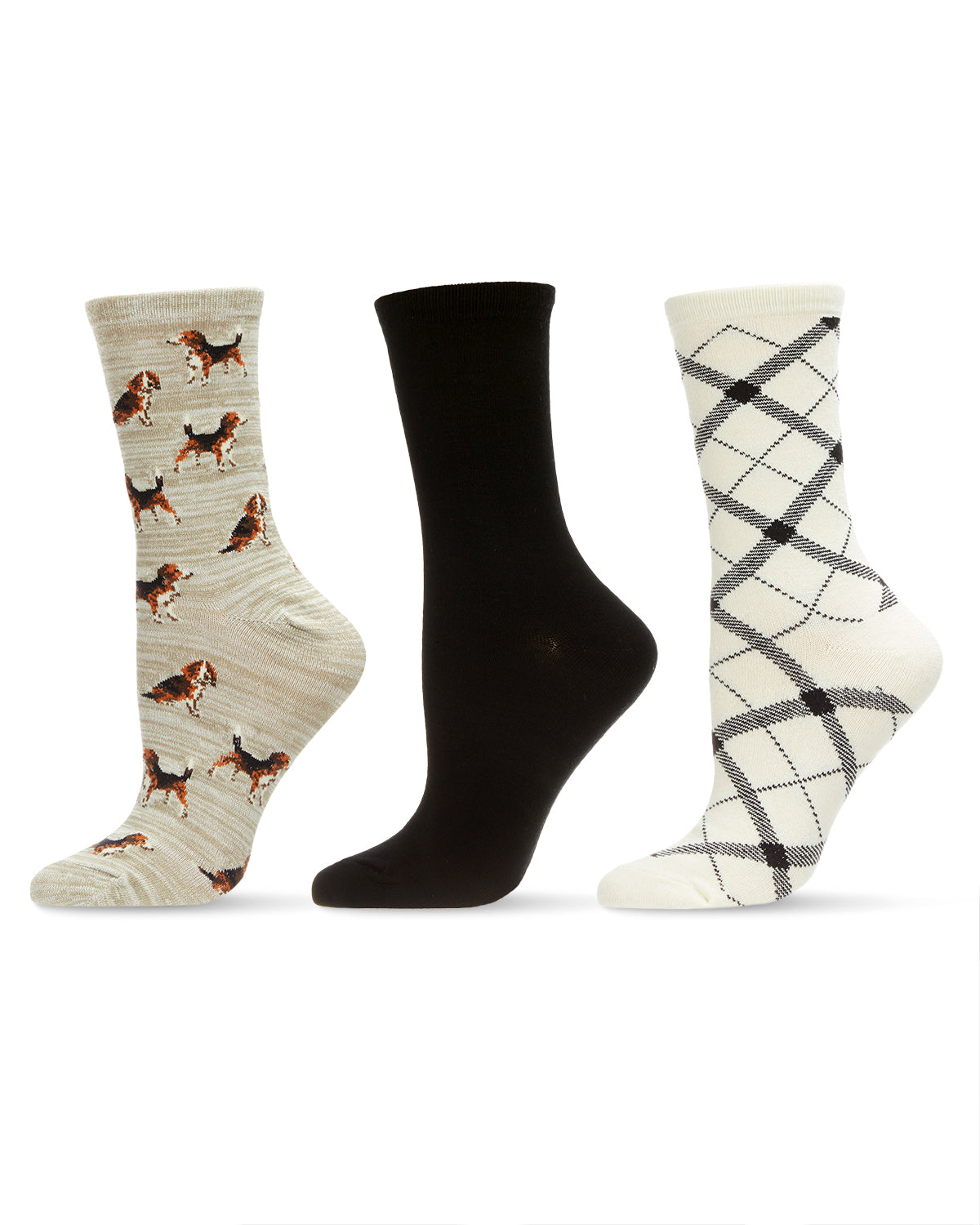 Women's 3 Pair Pack Beagle Bamboo Blend Crew Socks : Color: Crockery