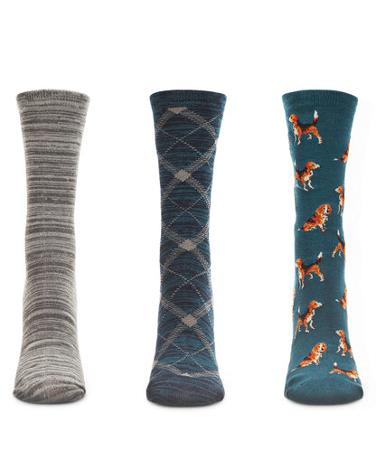 Women's 3 Pair Pack Beagle Bamboo Blend Crew Socks : Color: Black