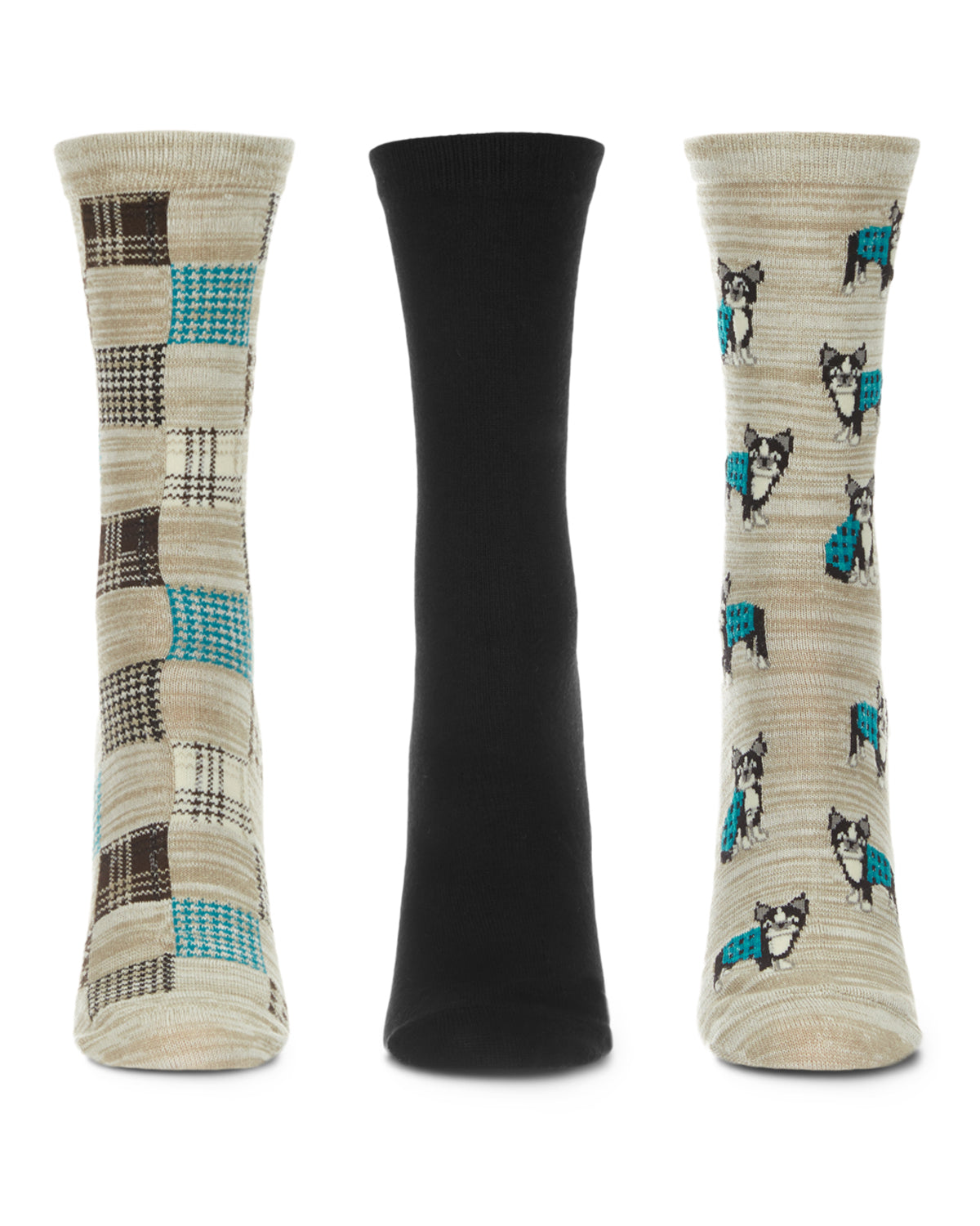Women's 3 Pair Pack Boston Terrier Bamboo Blend Crew Socks : Color: Crockery