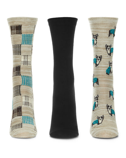 Women's 3 Pair Pack Boston Terrier Bamboo Blend Crew Socks : Color: Crockery