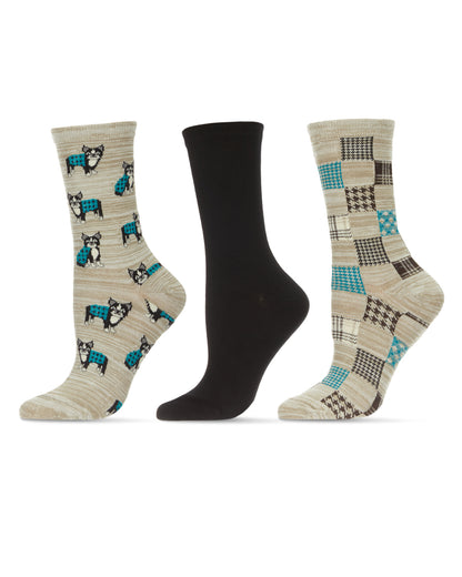 Women's 3 Pair Pack Boston Terrier Bamboo Blend Crew Socks : Color: Crockery