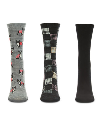 Women's 3 Pair Pack Boston Terrier Bamboo Blend Crew Socks : Color: Crockery