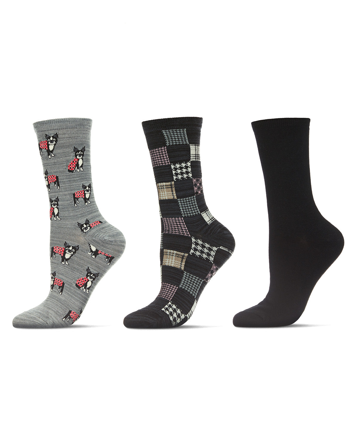 Women's 3 Pair Pack Boston Terrier Bamboo Blend Crew Socks : Color: Silver Filigree