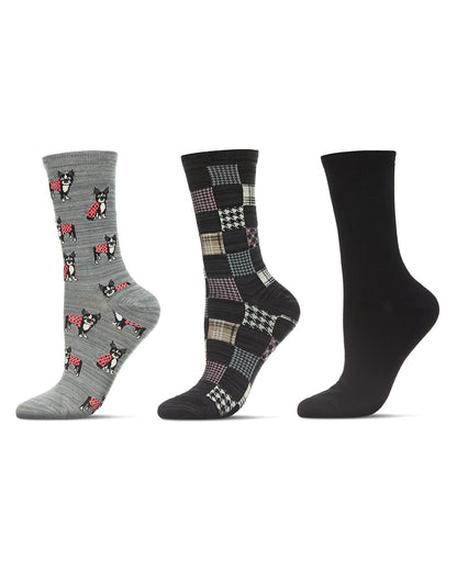 Women's 3 Pair Pack Boston Terrier Bamboo Blend Crew Socks : Color: Silver Filigree