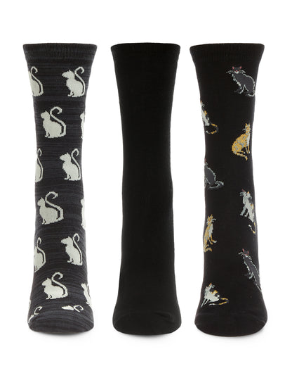 Cats Galore Bamboo Blend Crew Sock 3 Pair Pack : Color: Black