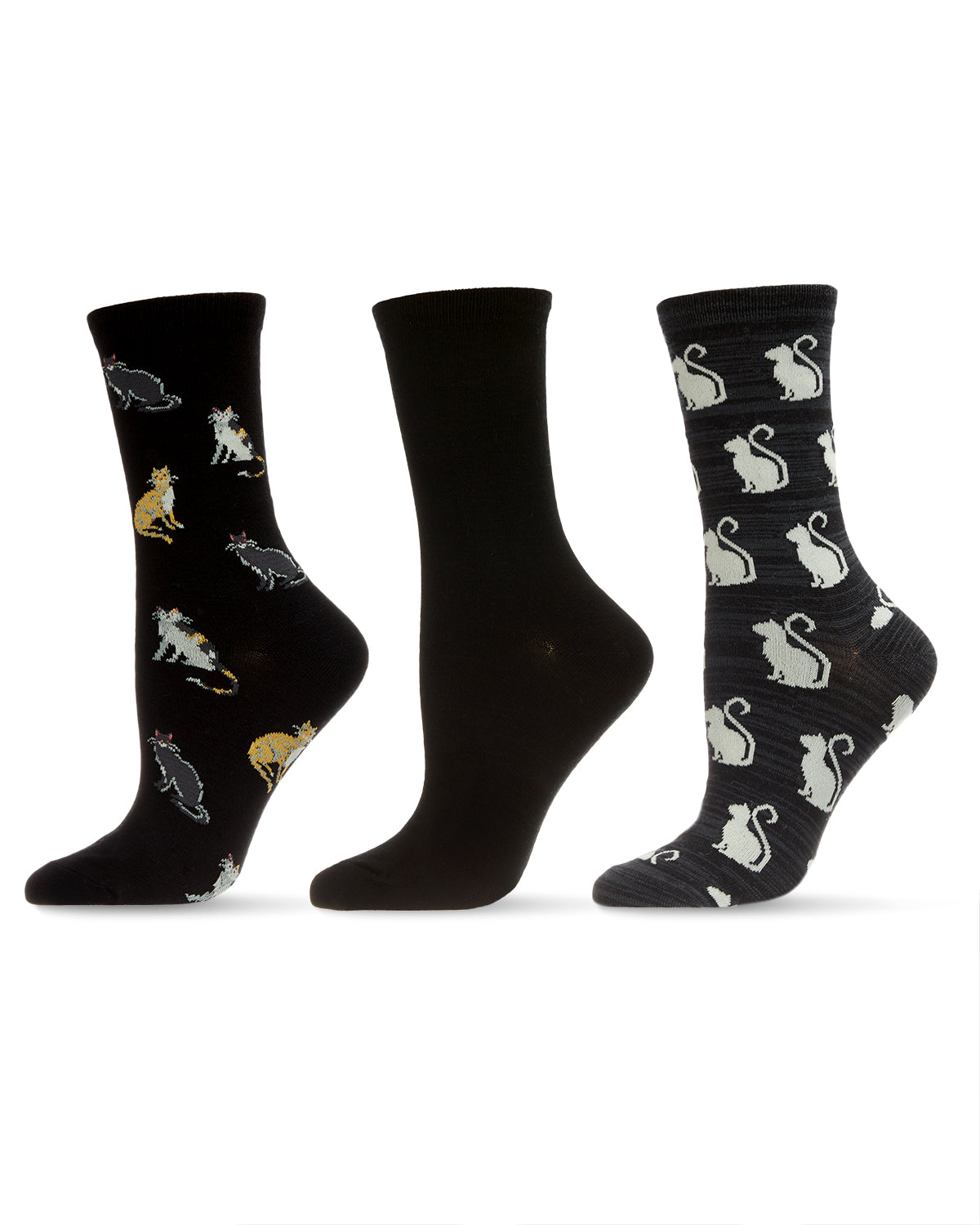 Cats Galore Bamboo Blend Crew Sock 3 Pair Pack : Color: Black