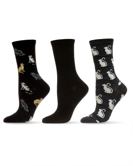 Cats Galore Bamboo Blend Crew Sock 3 Pair Pack : Color: Black