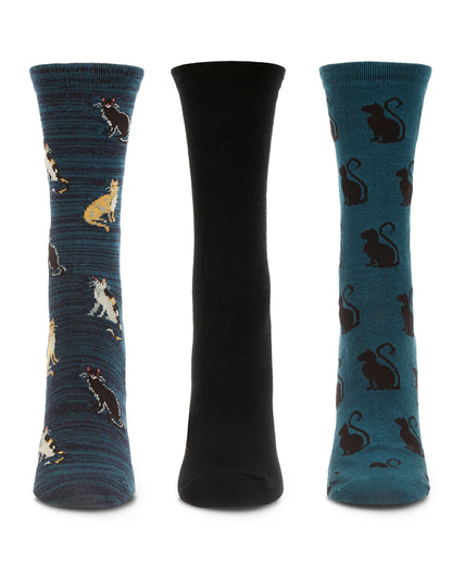 Cats Galore Bamboo Blend Crew Sock 3 Pair Pack : Color: Black