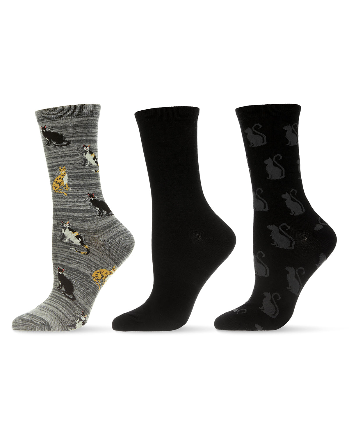 Cats Galore Bamboo Blend Crew Sock 3 Pair Pack : Color: Silver Filigree