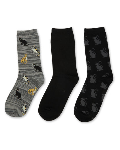 Cats Galore Bamboo Blend Crew Sock 3 Pair Pack : Color: Black
