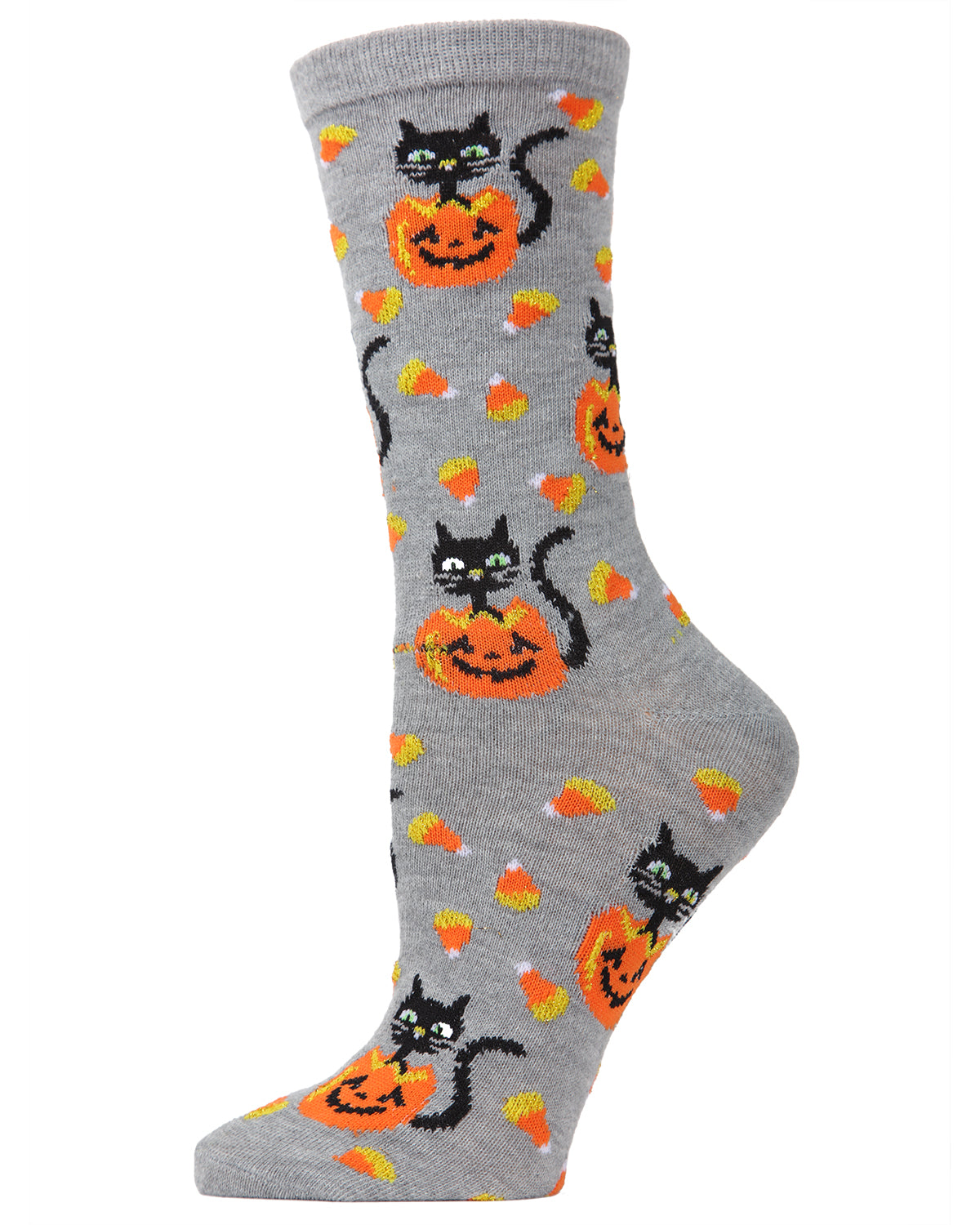 Women's Candy Corn Cat Festive Crew Socks : Color: Medium Gray Heather