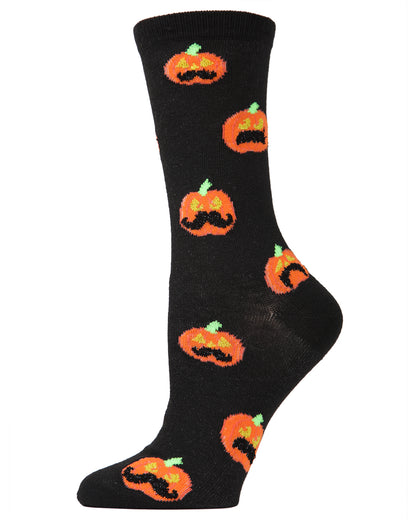Women's Pumpkin Stache Halloween Crew Socks : Color: Black