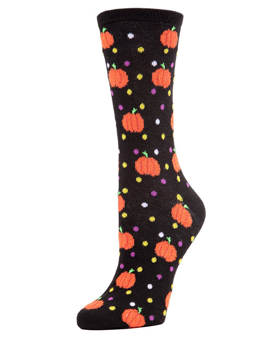 Women's Cheery Pumpkin Polka Dot Festive Crew Socks : Color: Black