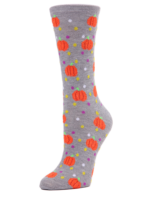 Women's Cheery Pumpkin Polka Dot Festive Crew Socks : Color: Medium Gray Heather