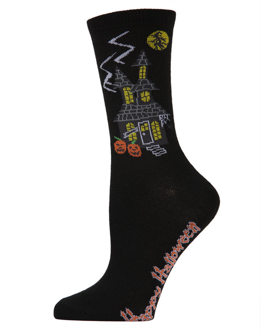 Women's Halloween Haunted House Crew Socks : Color: Black