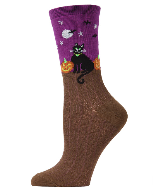 Women's Starry Night Cat Halloween Crew Socks : Color: Imperial Purple