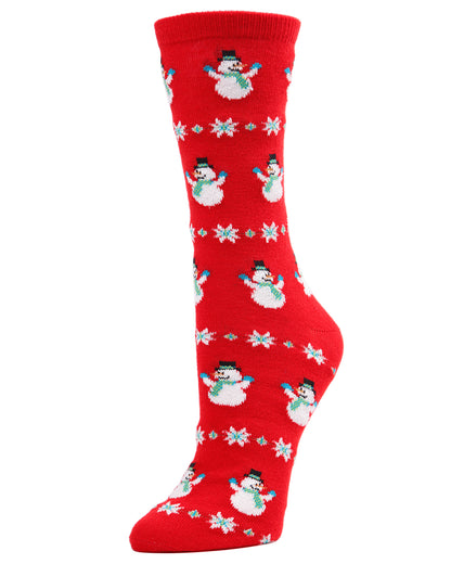 Women's Snowman & Snowflake Holiday Crew Socks : Color: Red Tango