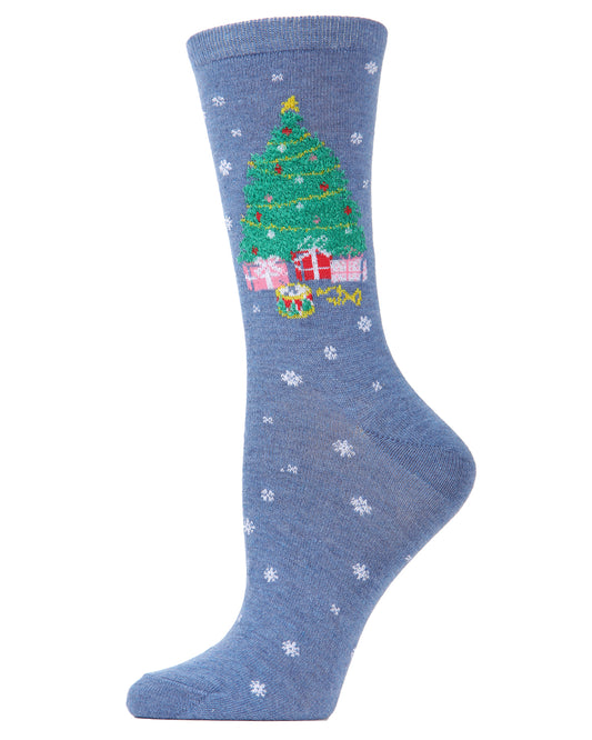 Women's Christmas Tree & Presents Crew Socks : Color: Denim Heather