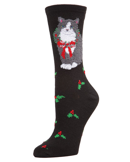 Women's Embroidered Christmas Cat Crew Socks : Color: Black