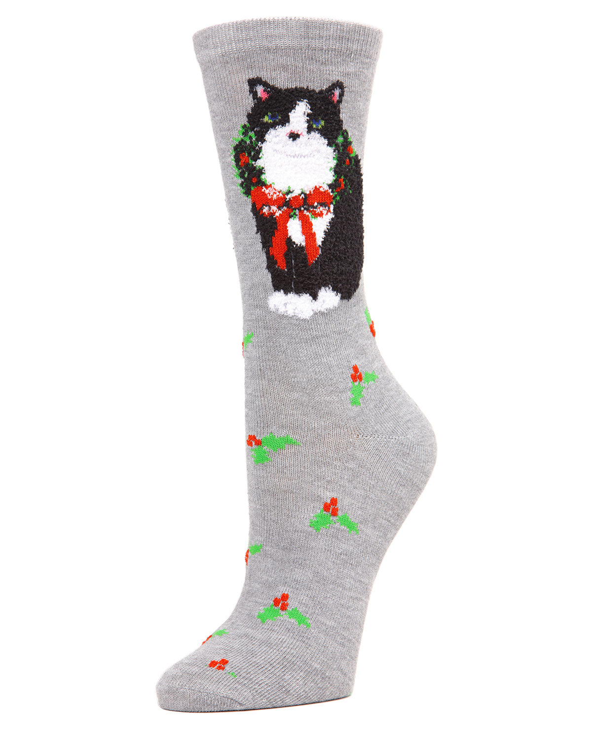 Women's Embroidered Christmas Cat Crew Socks : Color: Medium Gray Heather