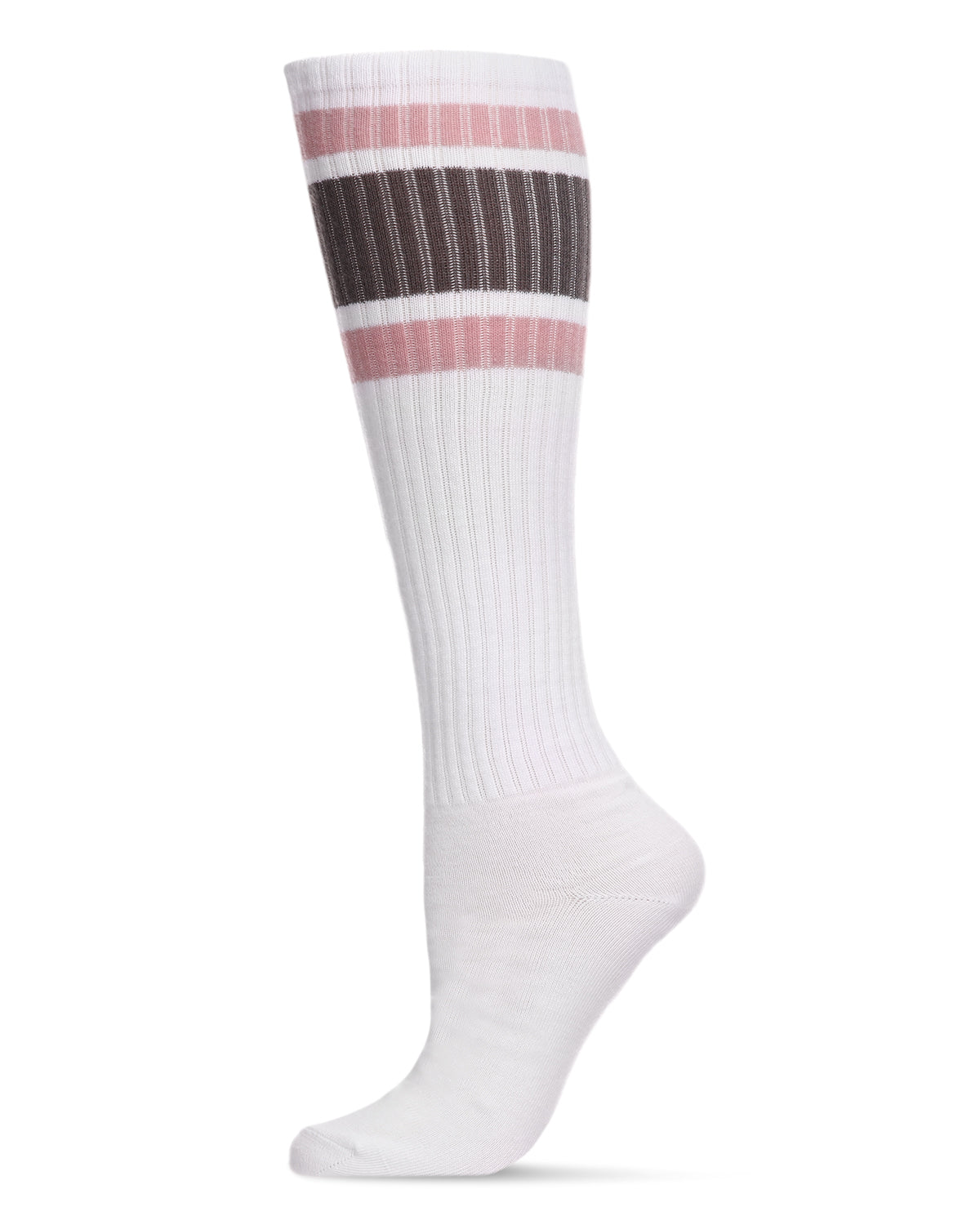 Women's Ribbed Retro Athletic Stripe Knee High Socks : Color: White-Dark Gray