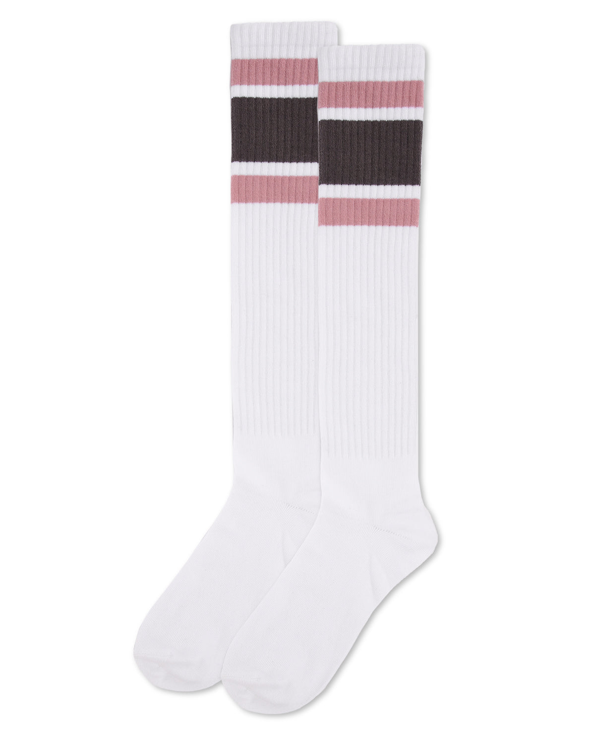 Women's Ribbed Retro Athletic Stripe Knee High Socks : Color: White-Dark Gray