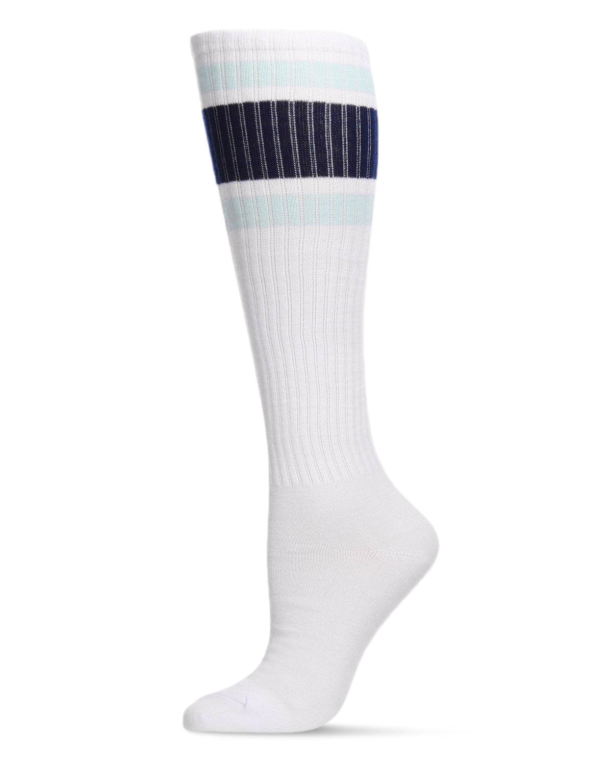 Women's Ribbed Retro Athletic Stripe Knee High Socks : Color: White-Navy