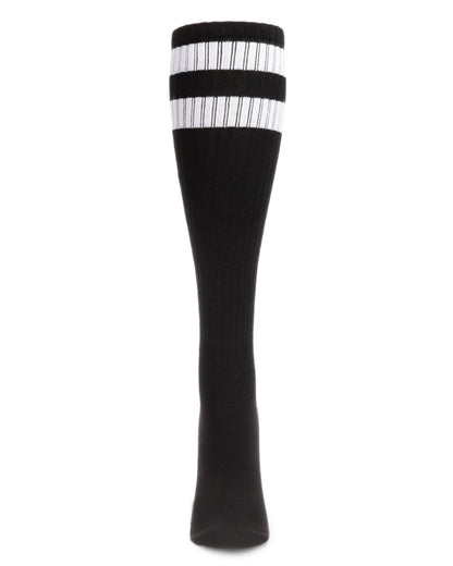 Women's Ribbed Rugby Athletic Stripe Knee High Socks : Color: Black