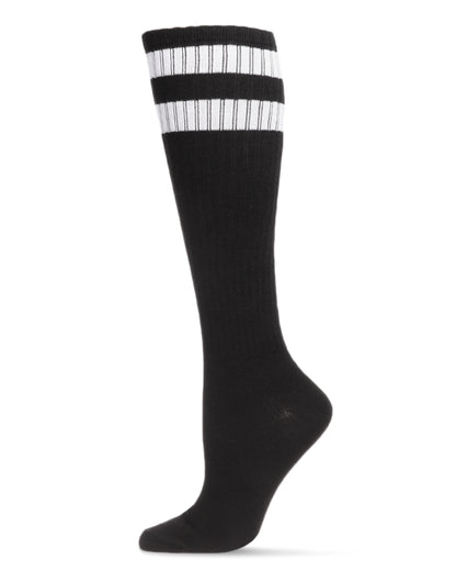 Women's Ribbed Rugby Athletic Stripe Knee High Socks : Color: Black