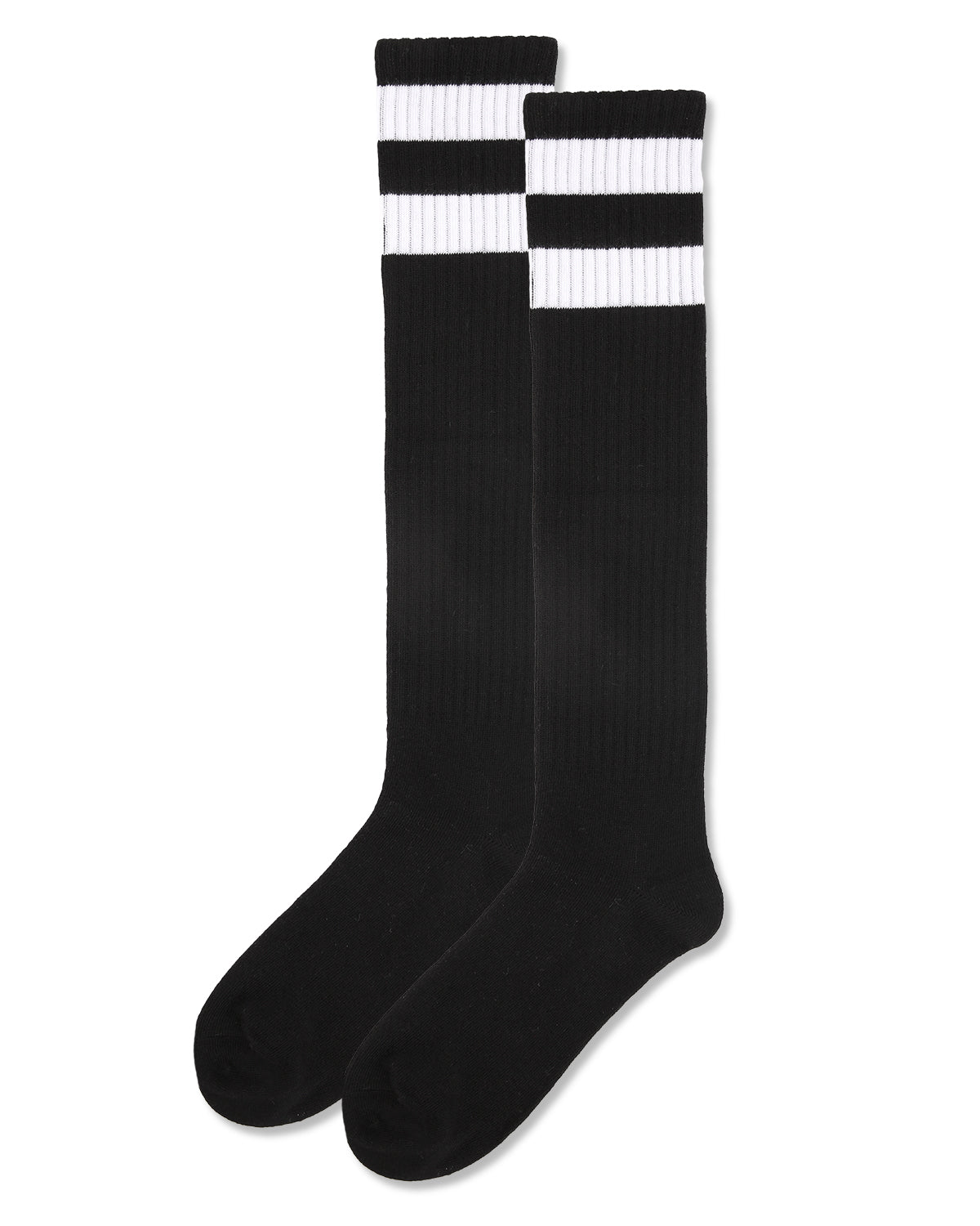 Women's Ribbed Rugby Athletic Stripe Knee High Socks : Color: Black