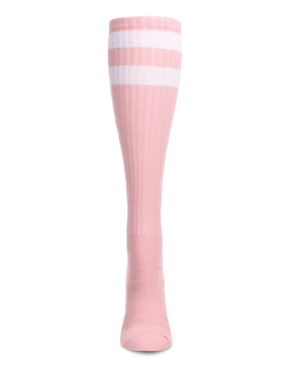 Women's Ribbed Rugby Athletic Stripe Knee High Socks : Color: Black