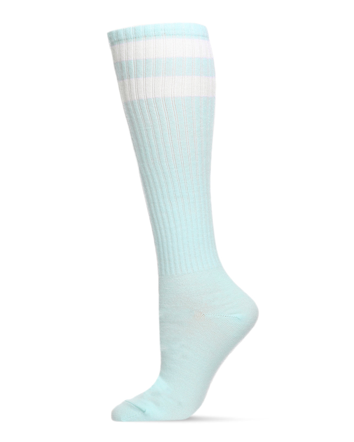 Women's Ribbed Rugby Athletic Stripe Knee High Socks : Color: Seafoam