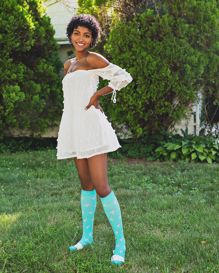 Women's Fancy Flamingo Bamboo Blend 8-15mmHg Graduated Compression Socks : Color: Teal
