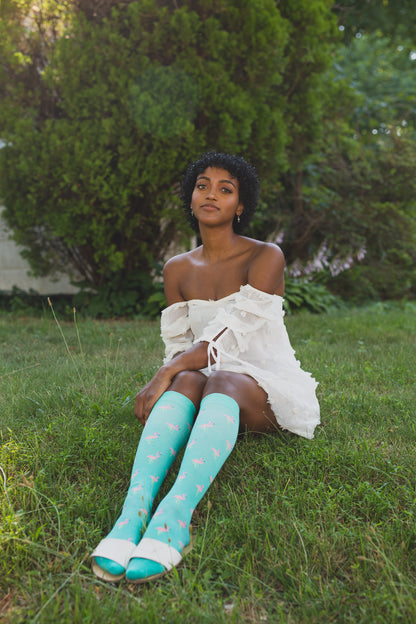 Women's Fancy Flamingo Bamboo Blend 8-15mmHg Graduated Compression Socks : Color: Teal