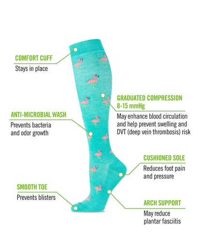 Women's Fancy Flamingo Bamboo Blend 8-15mmHg Graduated Compression Socks : Color: Teal