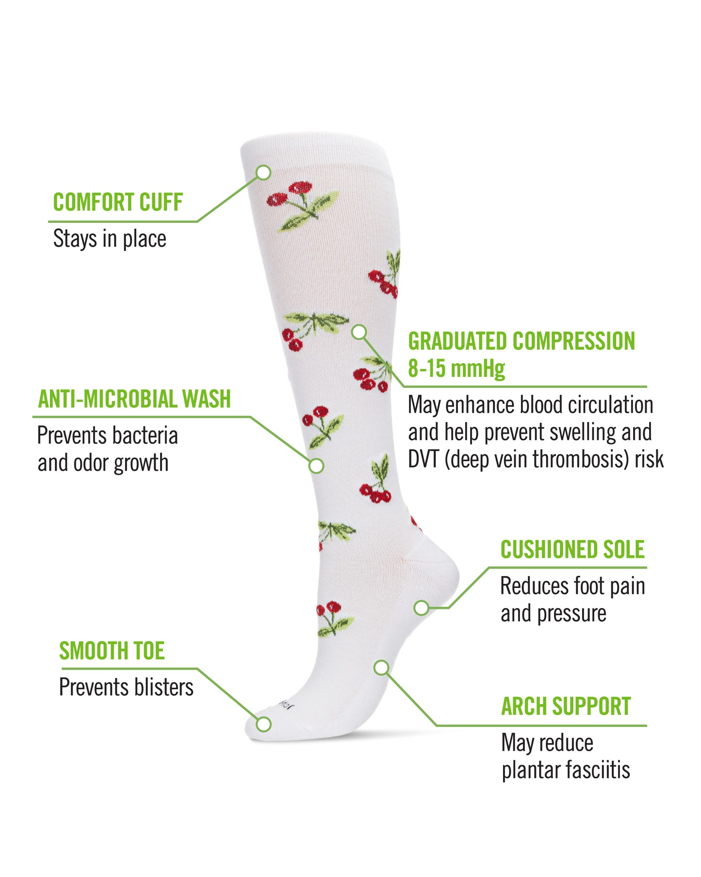 Women's Very Cherry Bamboo Blend 8-15mmHg Graduated Compression Socks : Color: White