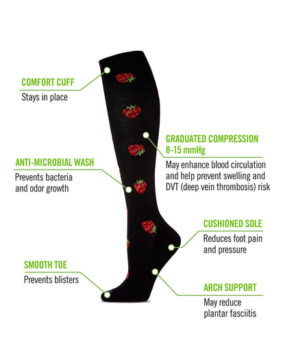 Women's Strawberry Field Bamboo Blend 8-15mmHg Graduated Compression Socks : Color: Black