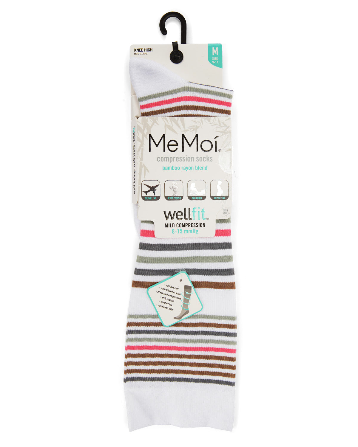 Women's Classic Stripes Bamboo Blend 8-15mmHg Graduated Compression Socks : Color: White 