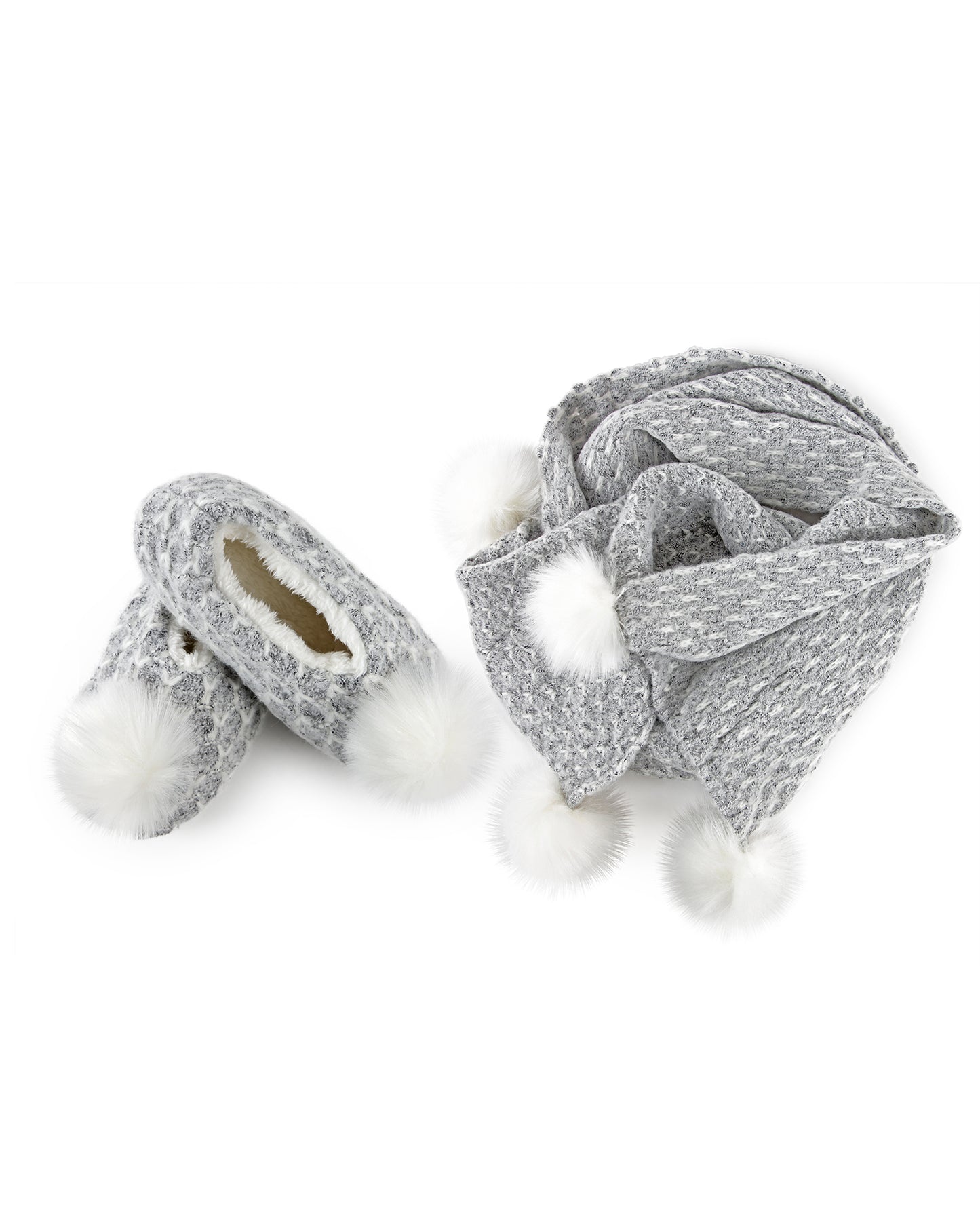 Tweed Knit Shawl & Plush-Lined Slipper Set : Color: Gray