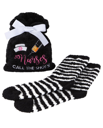Nurses Call the Shots Cozy Striped Socks & Gift Bag Set : Color: Black