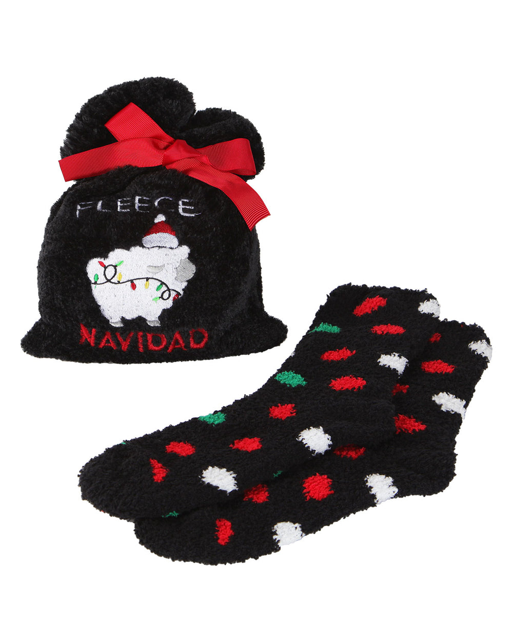 Fleece Navidad Cozy Polka-Dot Socks & Gift Bag Set : Color: Black