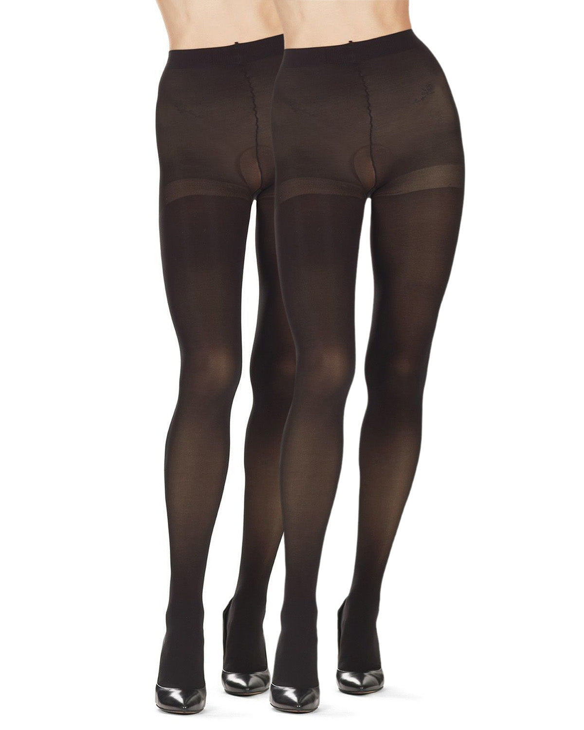 Ribbed/Solid Control Top Tights 2-Pack : Color: Black-Black