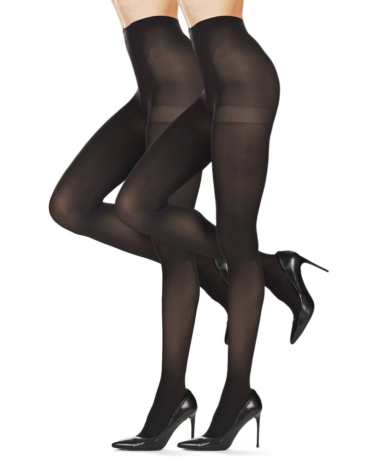 Ribbed/Solid Control Top Tights 2-Pack : Color: Black-Black